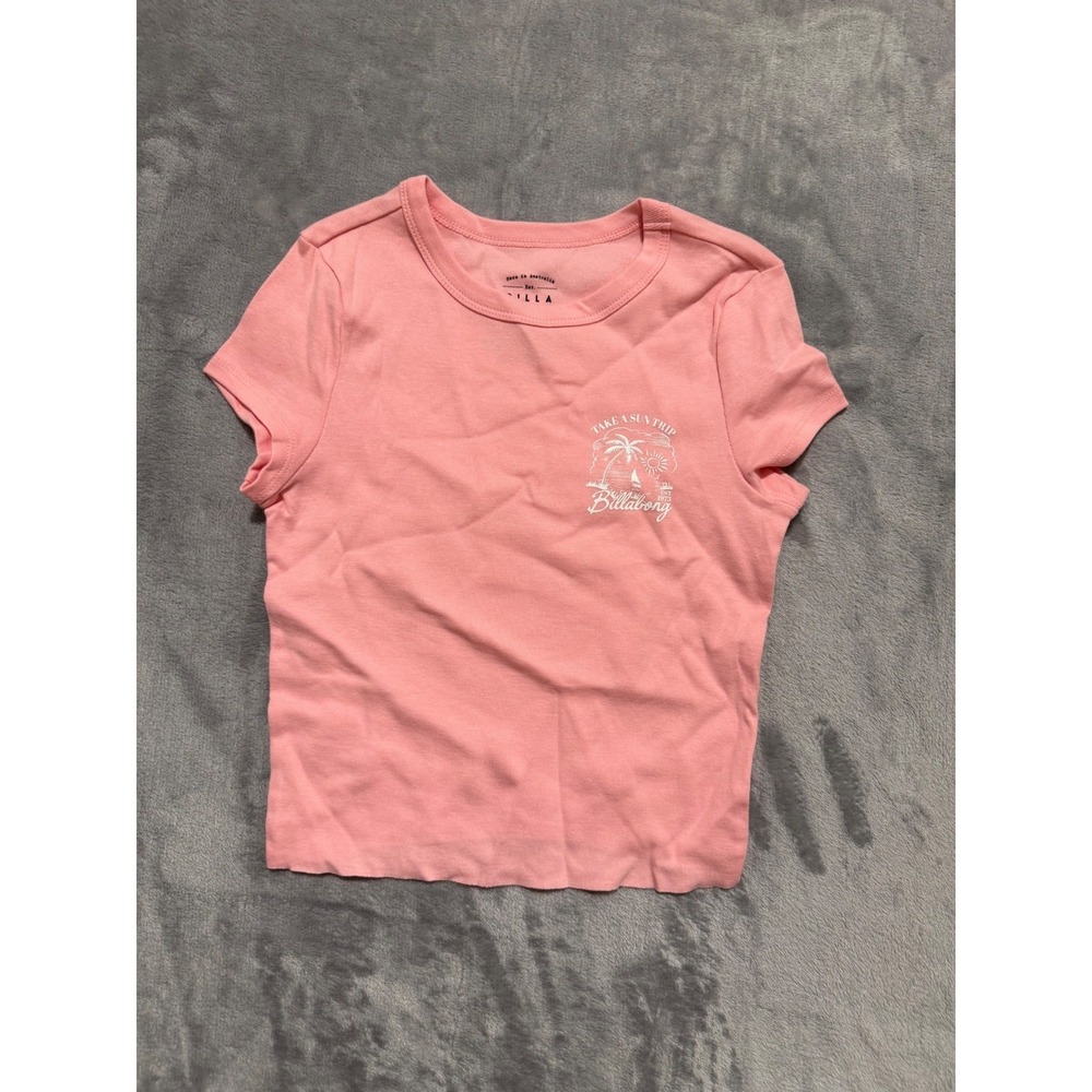 Billabong Graphic Tee Womens XS Pink Take A Sun Trip Palm Tree Short Sleeve Baby